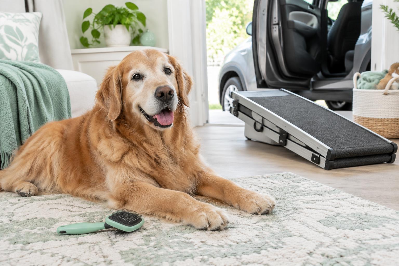 Illustration of a senior dog beside grooming equipment and a vehicle ramp