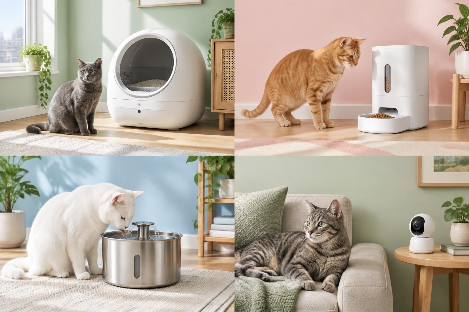 Cat beside an automatic litter box