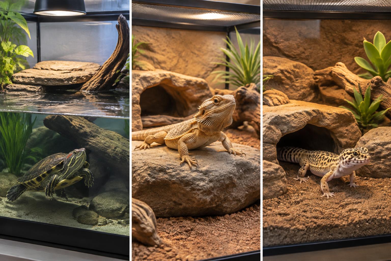 Illustrated aquatic turtle, bearded dragon, and leopard gecko habitats